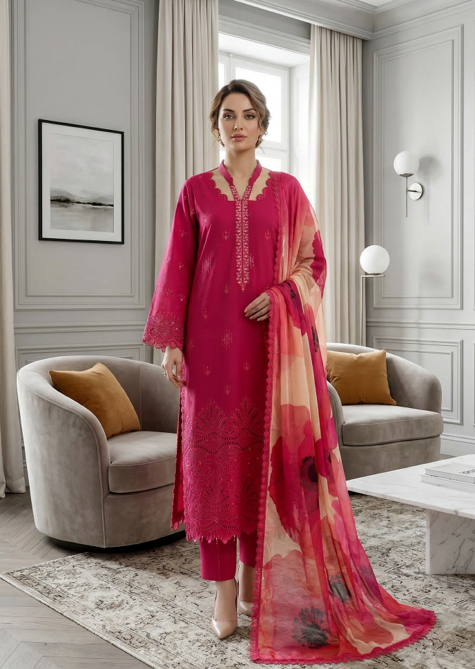 Crimson Bloom - Qalamkari 3PC Luxury Kari Lawn