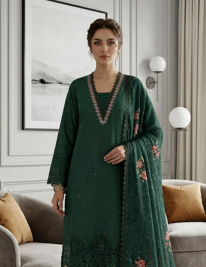 Emerald Luxe - Qalamkari 3PC Luxury Kari Lawn