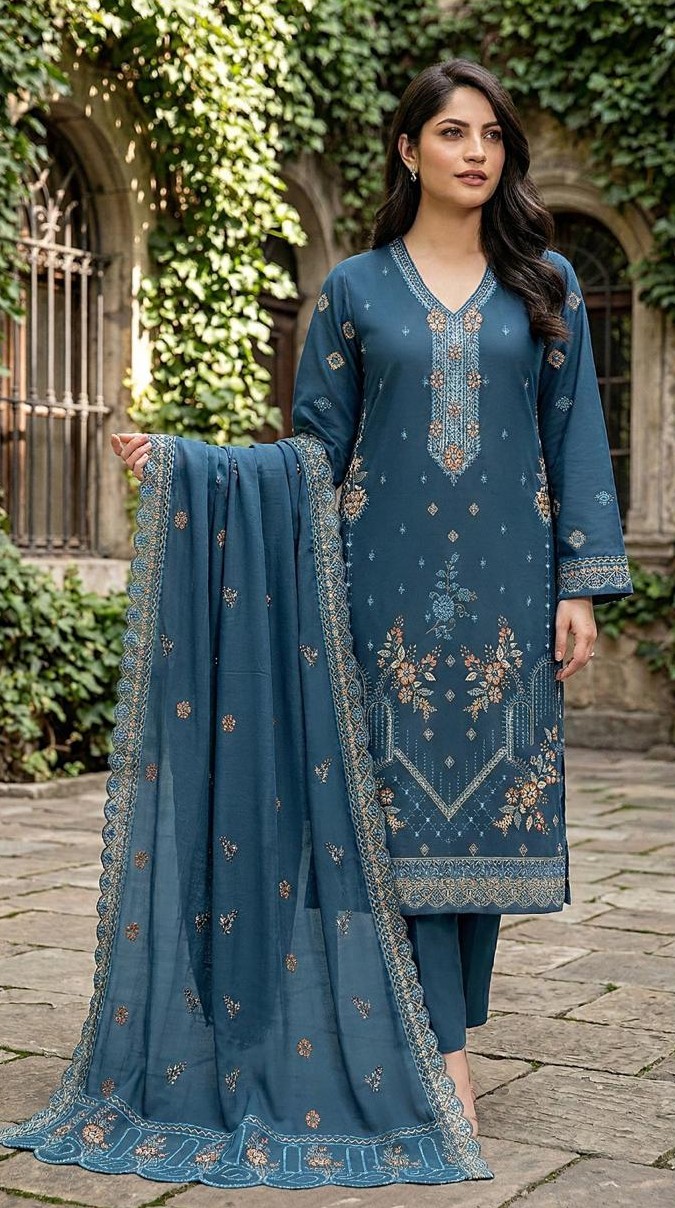 Slate Blue – 3PC Embroidered Lawn