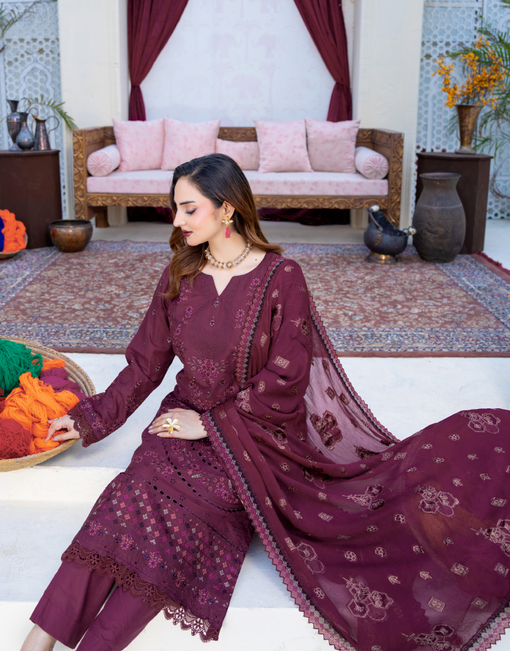 Narkin – Dark Maroon Wine | Fancy Lawn Embroidered
