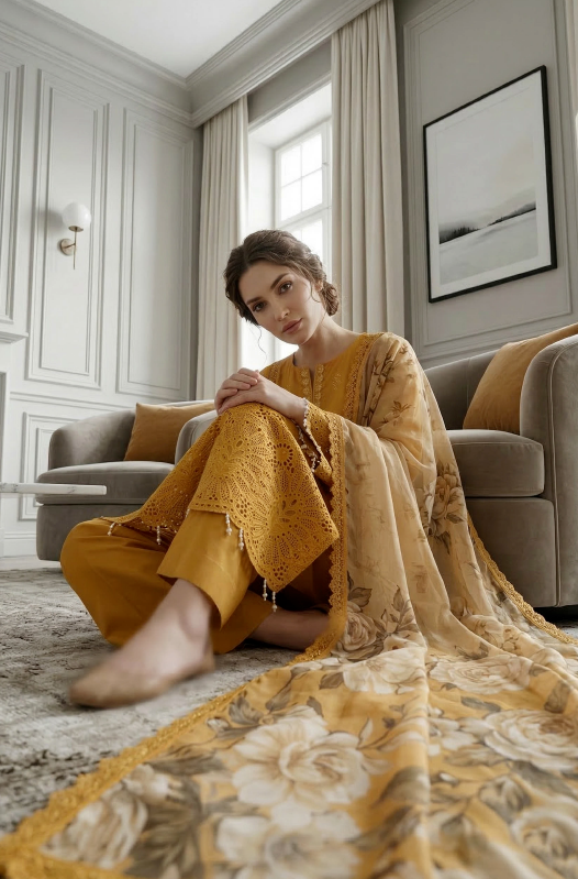 Saffron Radiance - Qalamkari 3PC Luxury Kari Lawn