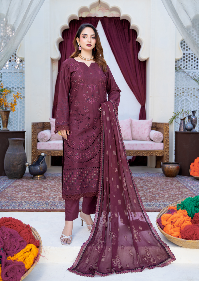 Narkin – Dark Maroon Wine | Fancy Lawn Embroidered