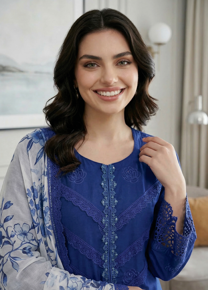 Royal Indigo - Qalamkari 3PC Luxury Kari Lawn