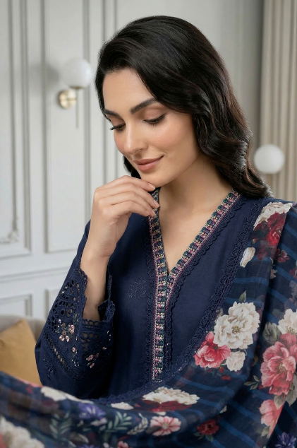 Midnight Voyage - Qalamkari 3PC Luxury Kari Lawn