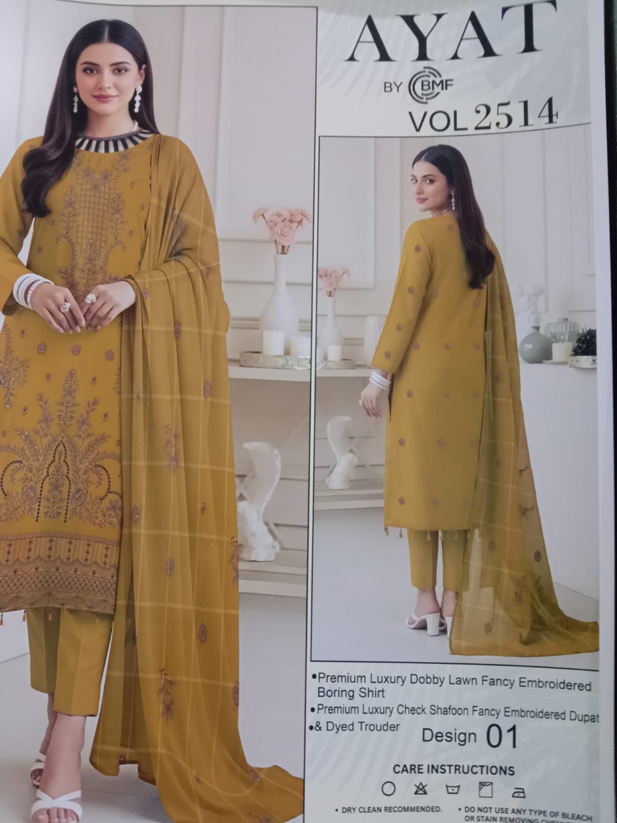 Mustard -Ayat Vol 2514 Design 01  3PC Embroidered Lawn