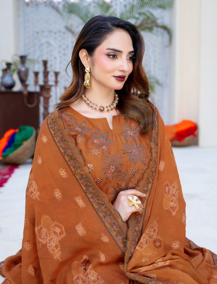 Narkin – Rust Brown | Fancy Lawn Embroidered