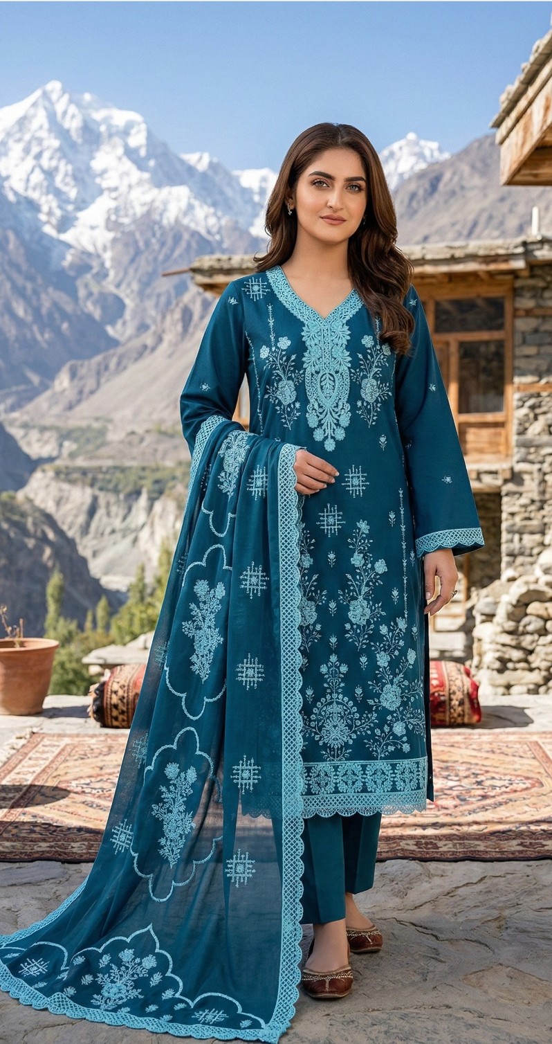 Teal Majestic – 3PC Embroidered Lawn