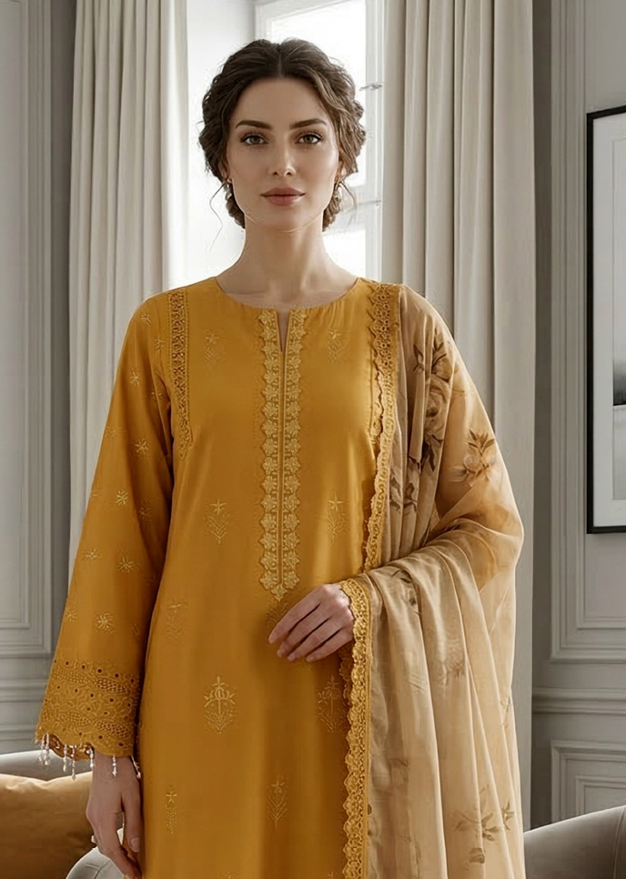 Saffron Radiance - Qalamkari 3PC Luxury Kari Lawn