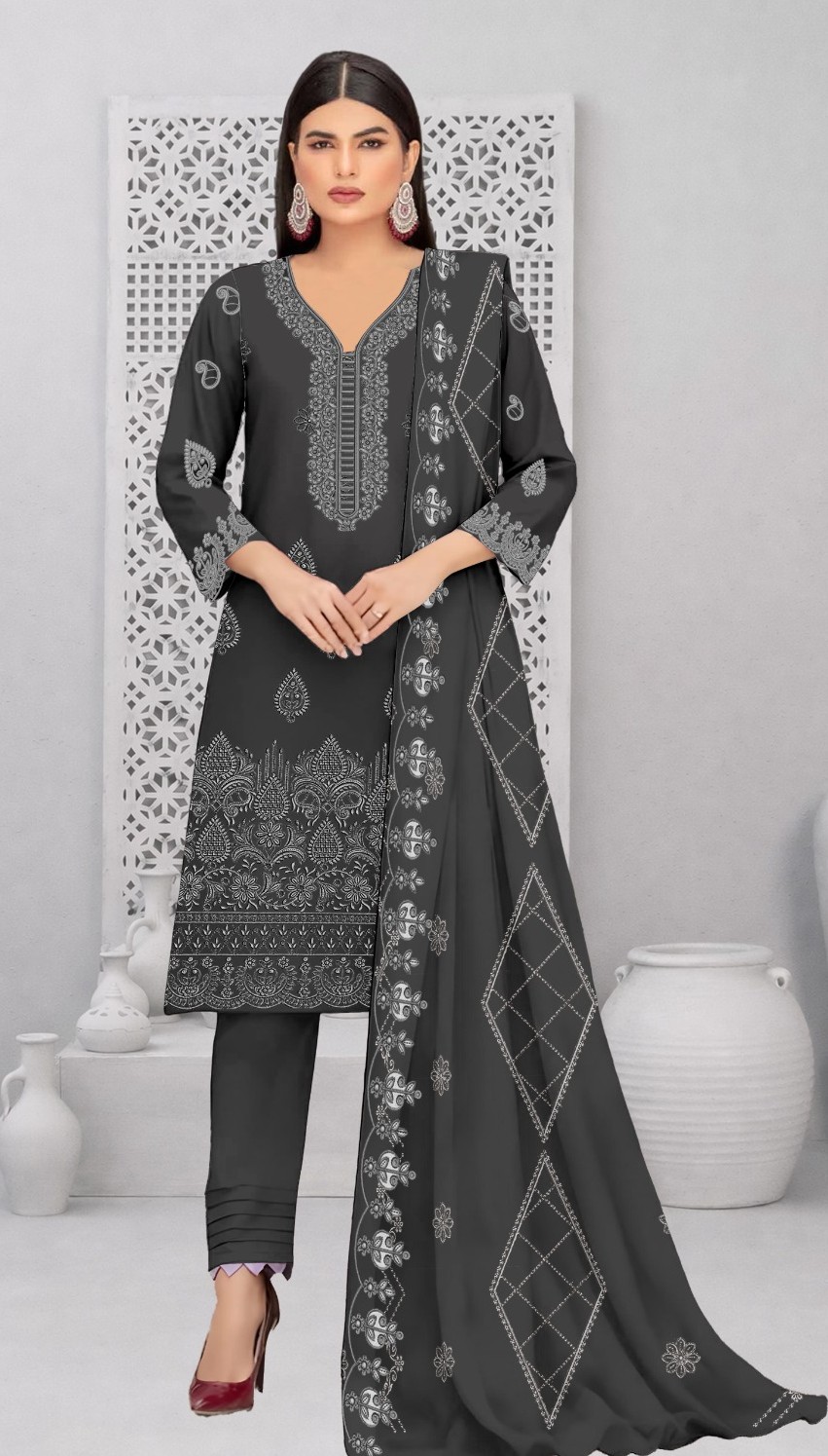 Charcoal Grey – 3PC Embroidered Lawn