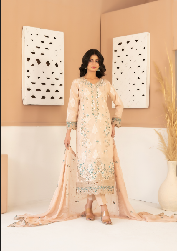 Golden Sand Bloom - Zaylee 3PC Embroidered Lawn