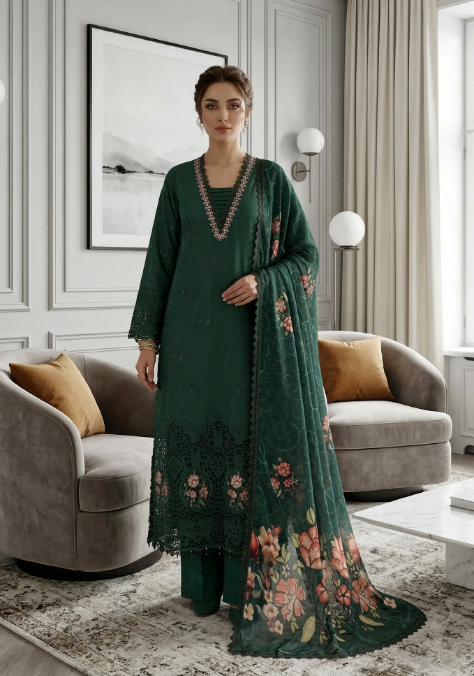 Emerald Luxe - Qalamkari 3PC Luxury Kari Lawn