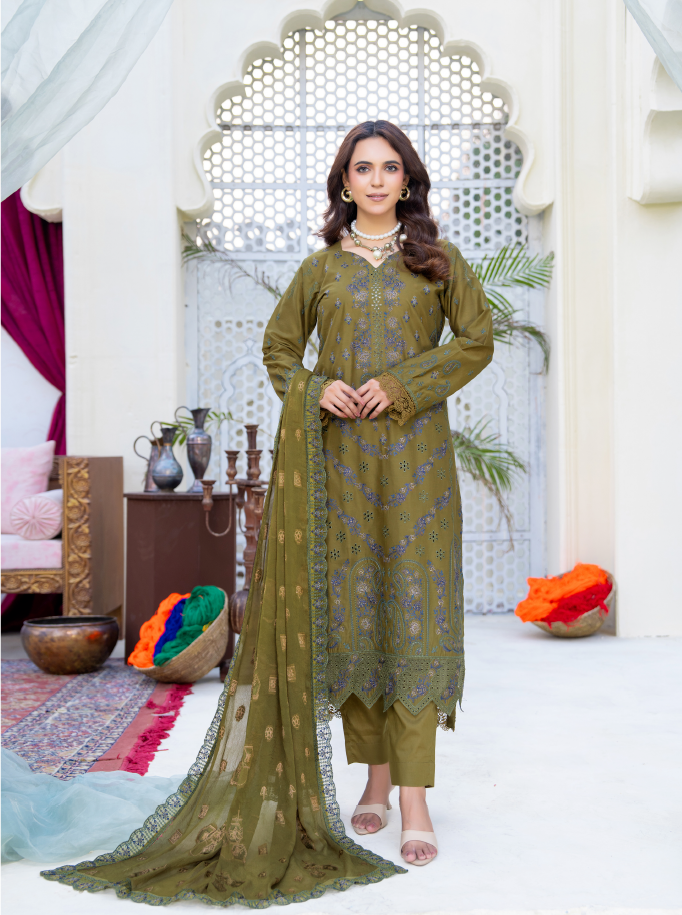 Narkin – Olive Khaki Green | Fancy Lawn Embroidered