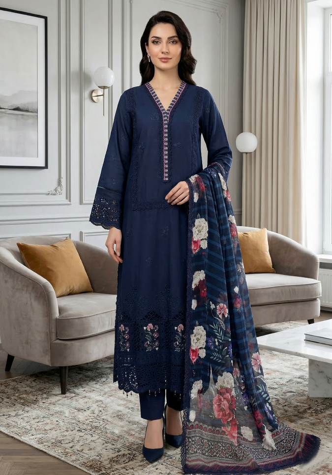 Midnight Voyage - Qalamkari 3PC Luxury Kari Lawn