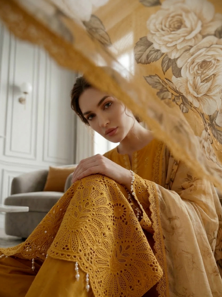 Saffron Radiance - Qalamkari 3PC Luxury Kari Lawn