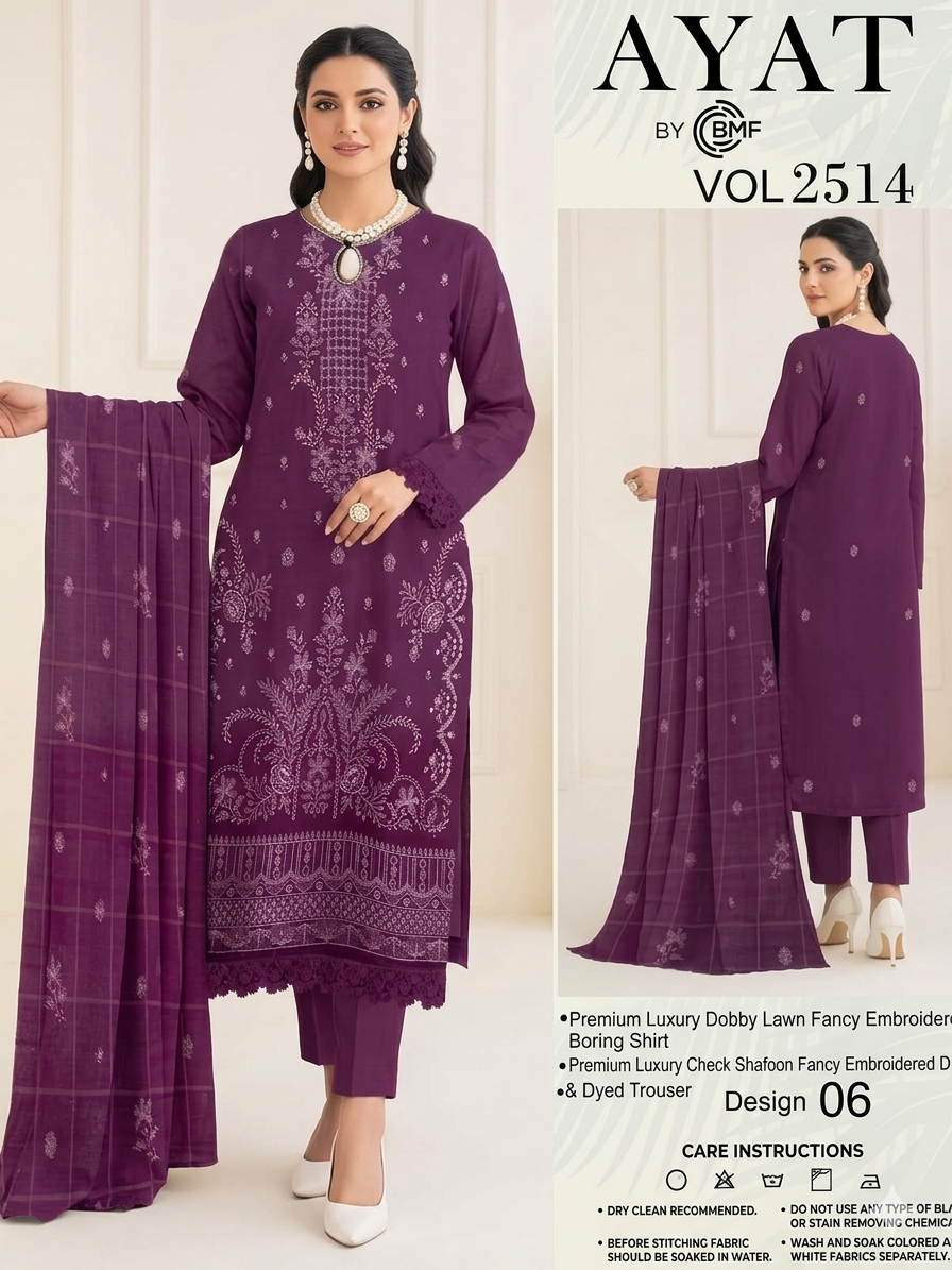Deep Purple - Ayat Vol 2514 Design 06  3PC Embroidered Lawn