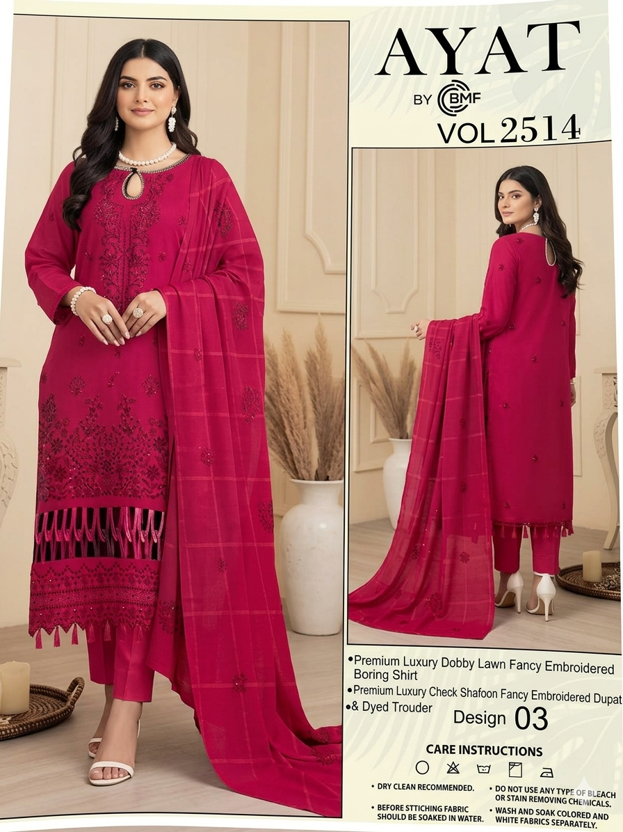 Hot Pink/ Red - Ayat Vol 2514 Design 03 - 3PC Embroidered Lawn