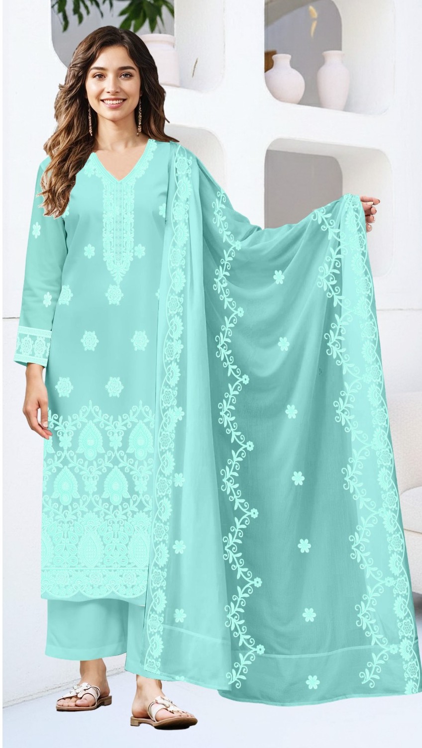 Aqua Bloom – 3PC Embroidered Unstitched Lawn