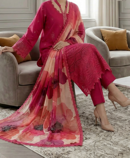 Crimson Bloom - Qalamkari 3PC Luxury Kari Lawn