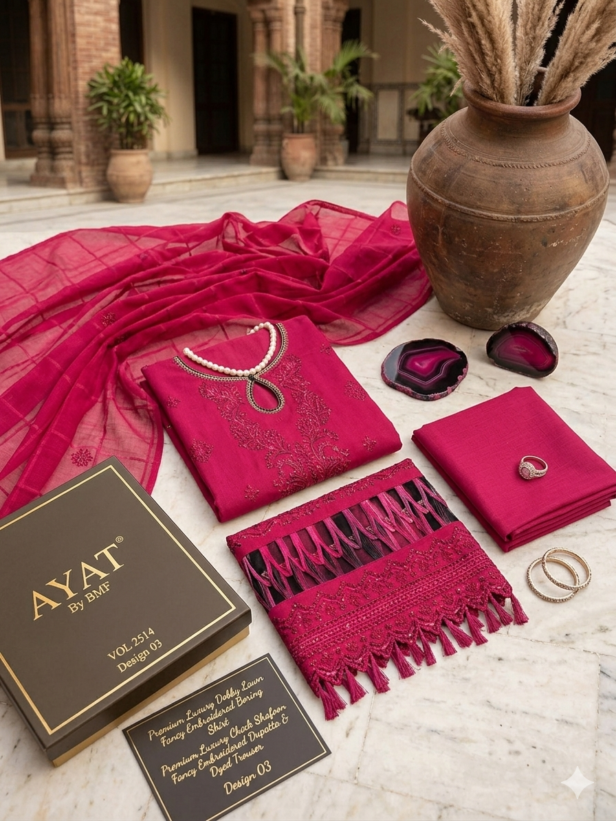 Hot Pink/ Red - Ayat Vol 2514 Design 03 - 3PC Embroidered Lawn