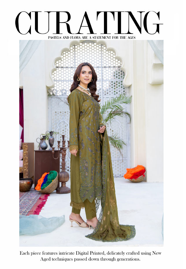Narkin – Olive Khaki Green | Fancy Lawn Embroidered