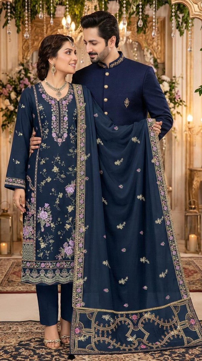 Midnight Navy – 3PC Embroidered Lawn