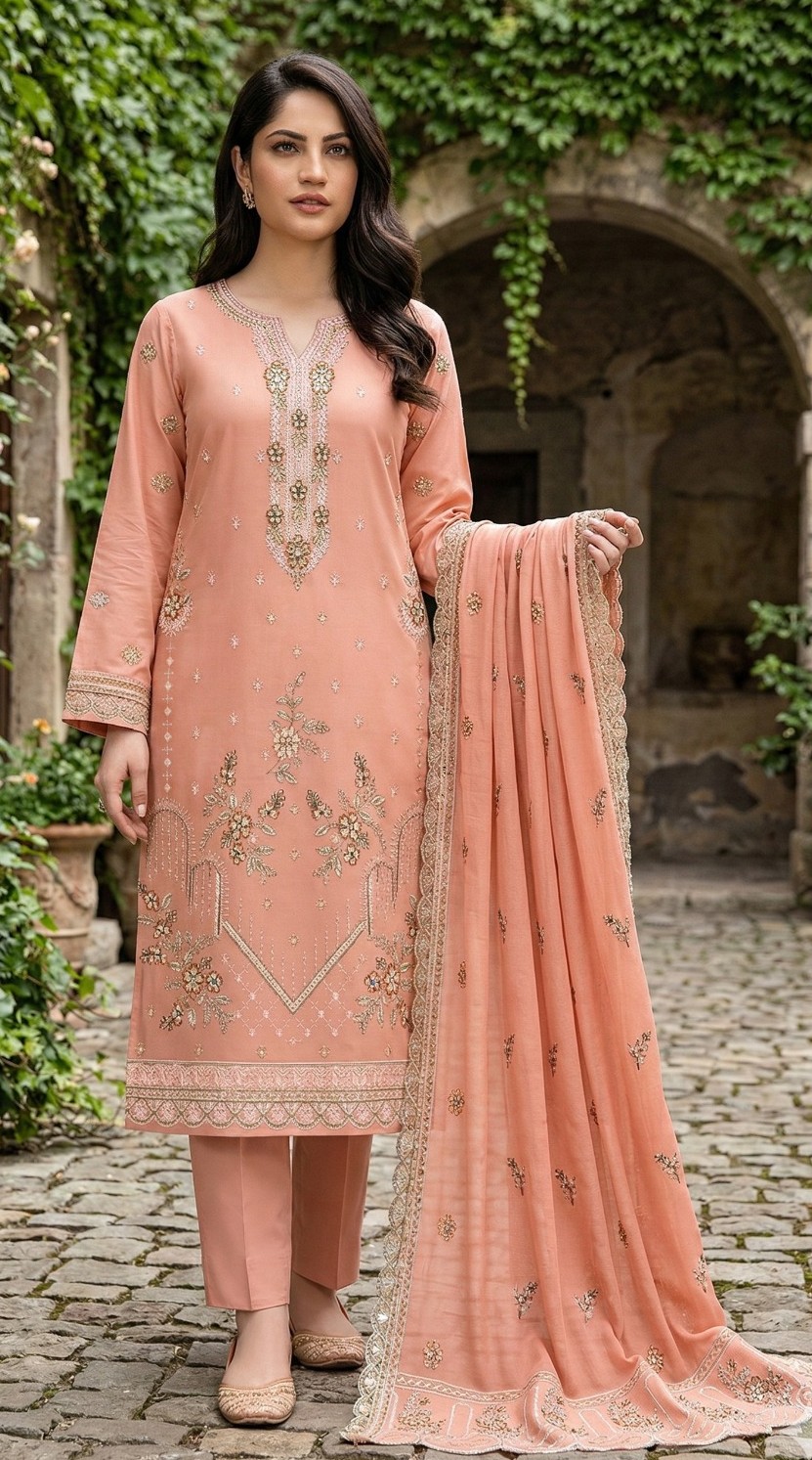 Peach Pink – 3PC Embroidered Lawn