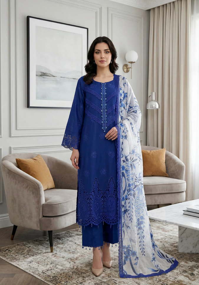 Royal Indigo - Qalamkari 3PC Luxury Kari Lawn