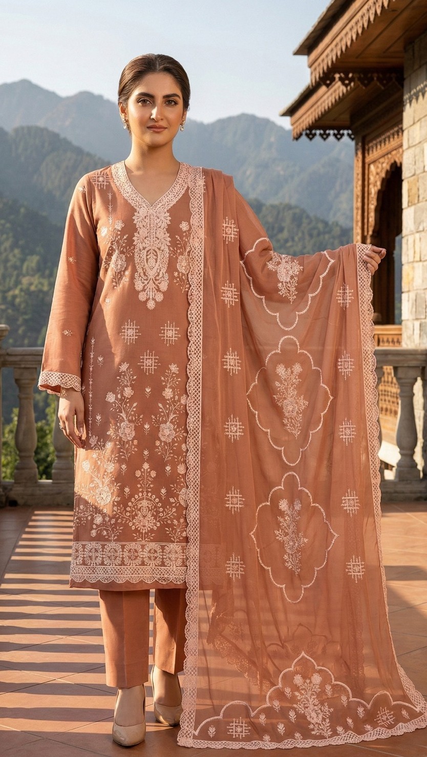Amber Glow – 3PC Embroidered Lawn