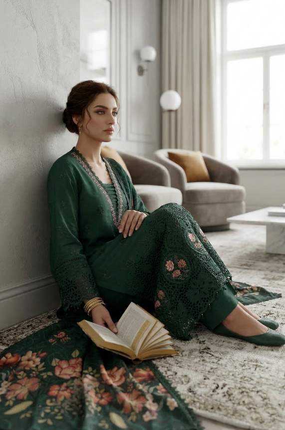 Emerald Luxe - Qalamkari 3PC Luxury Kari Lawn