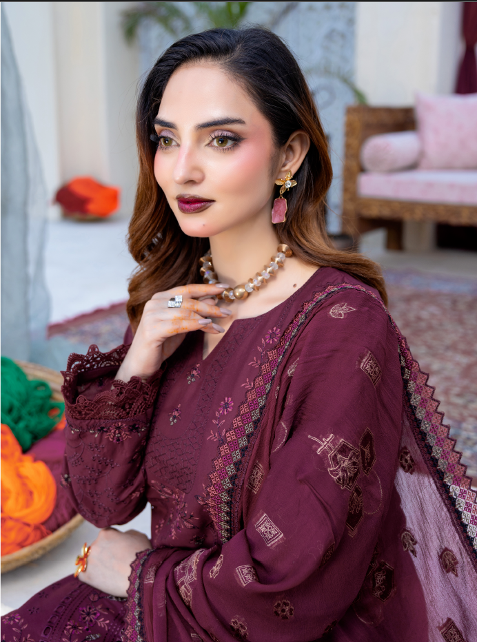 Narkin – Dark Maroon Wine | Fancy Lawn Embroidered