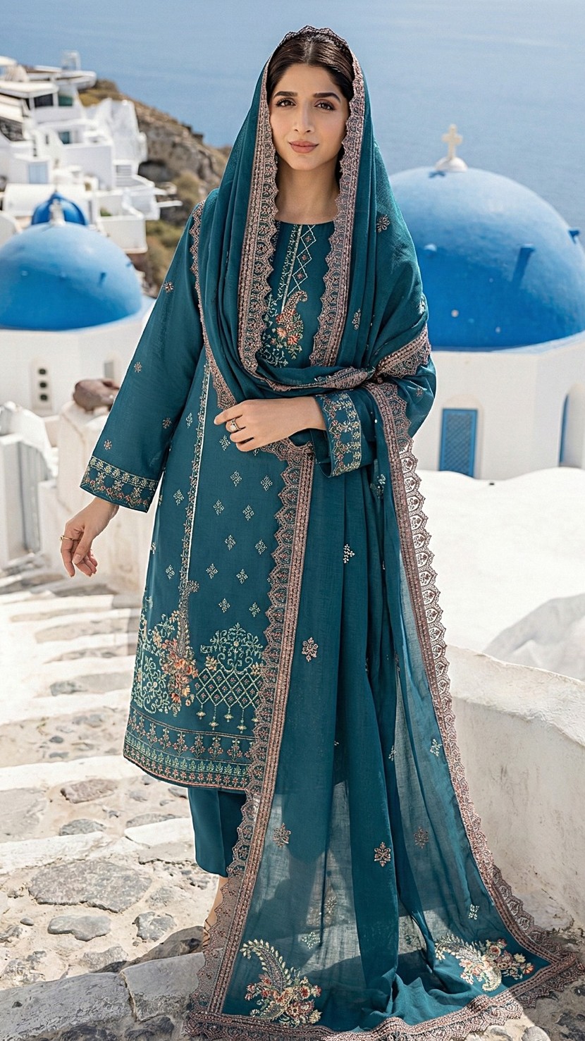 Aegean Cyan – 3PC Embroidered Lawn