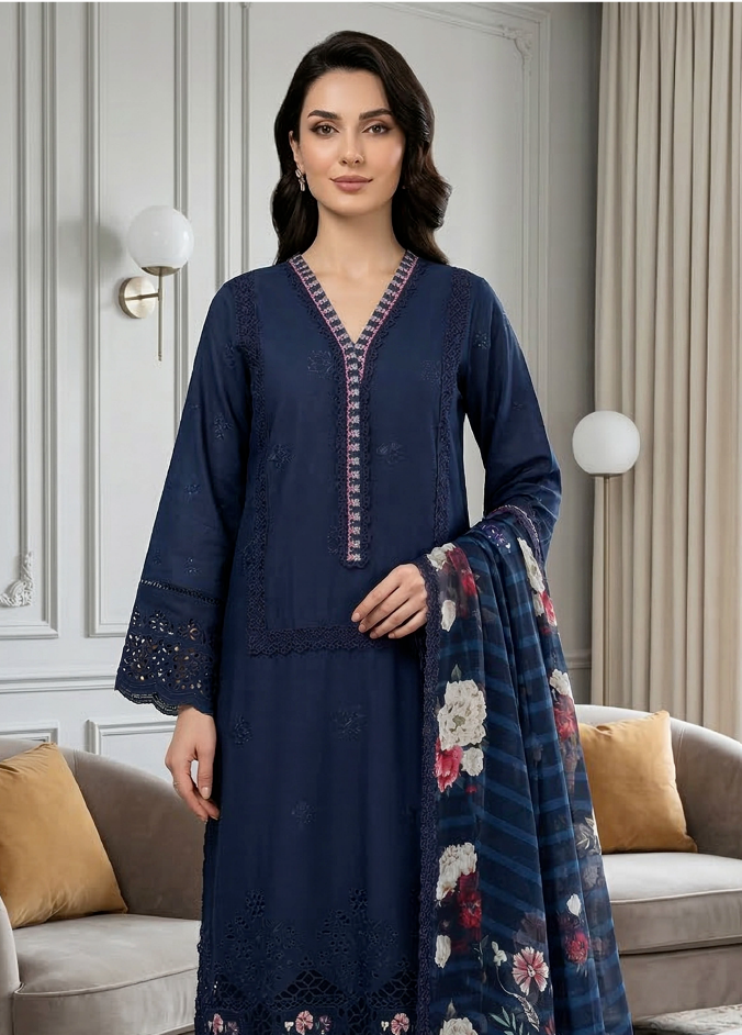 Midnight Voyage - Qalamkari 3PC Luxury Kari Lawn