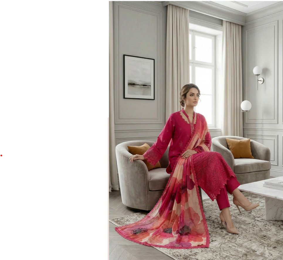 Crimson Bloom - Qalamkari 3PC Luxury Kari Lawn