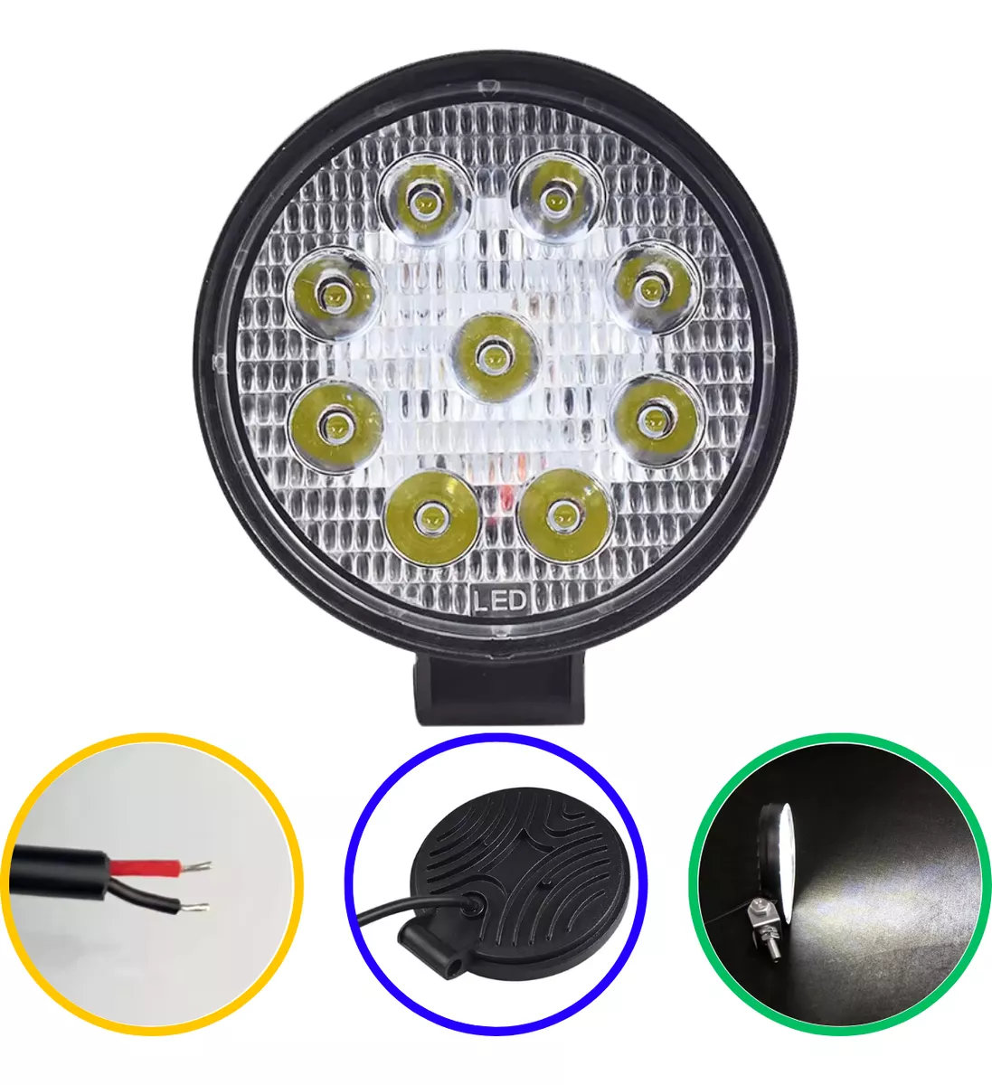 Farol  LED Redondo 27w Bivolt 12v / 24v 