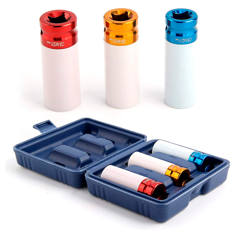 Jogo de Soquetes De Impecto Longo Encaixe 1/2 17/19/21 C/ Proteção Nylon