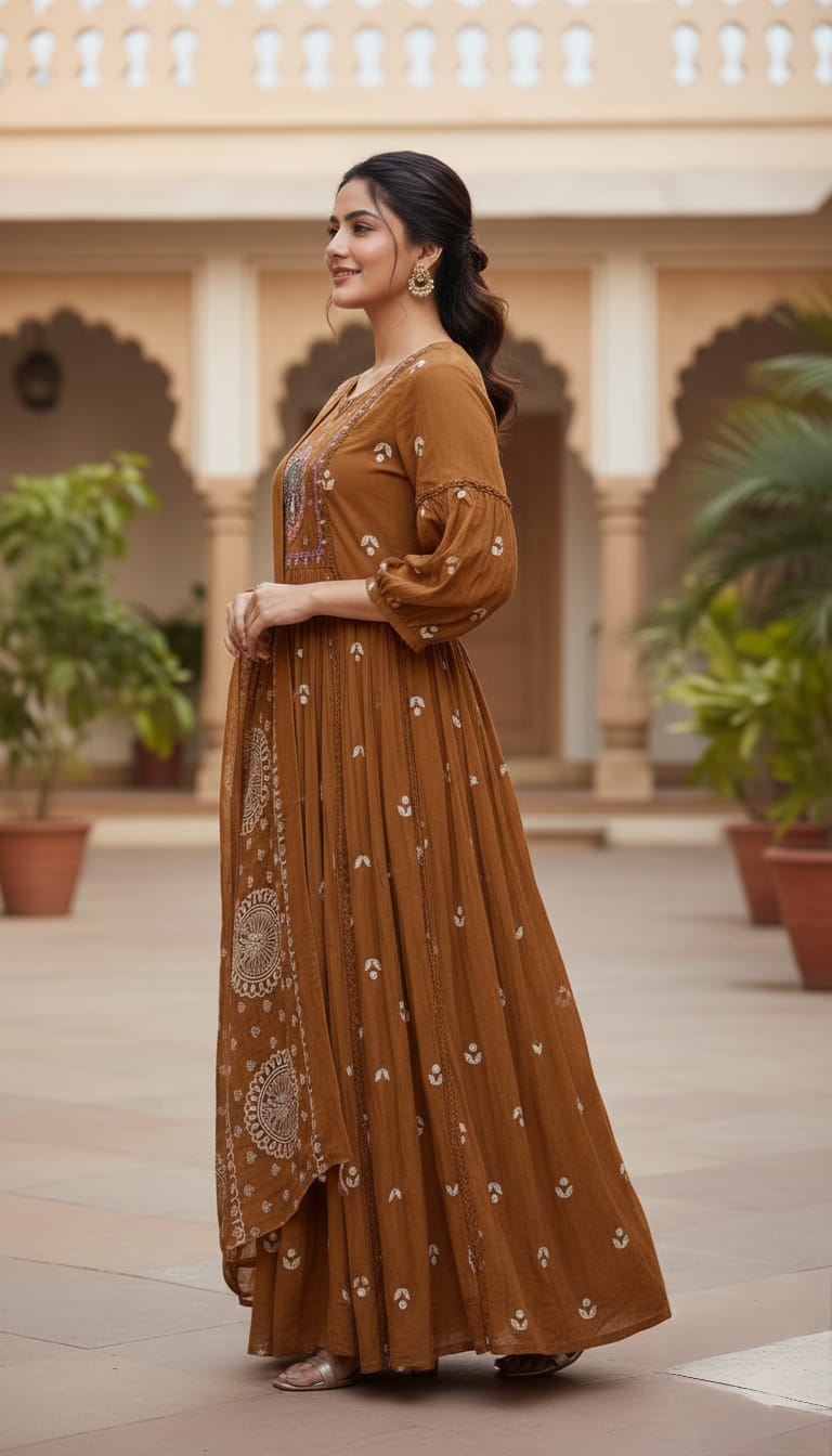 Embroidered Brown Anarkali Dress