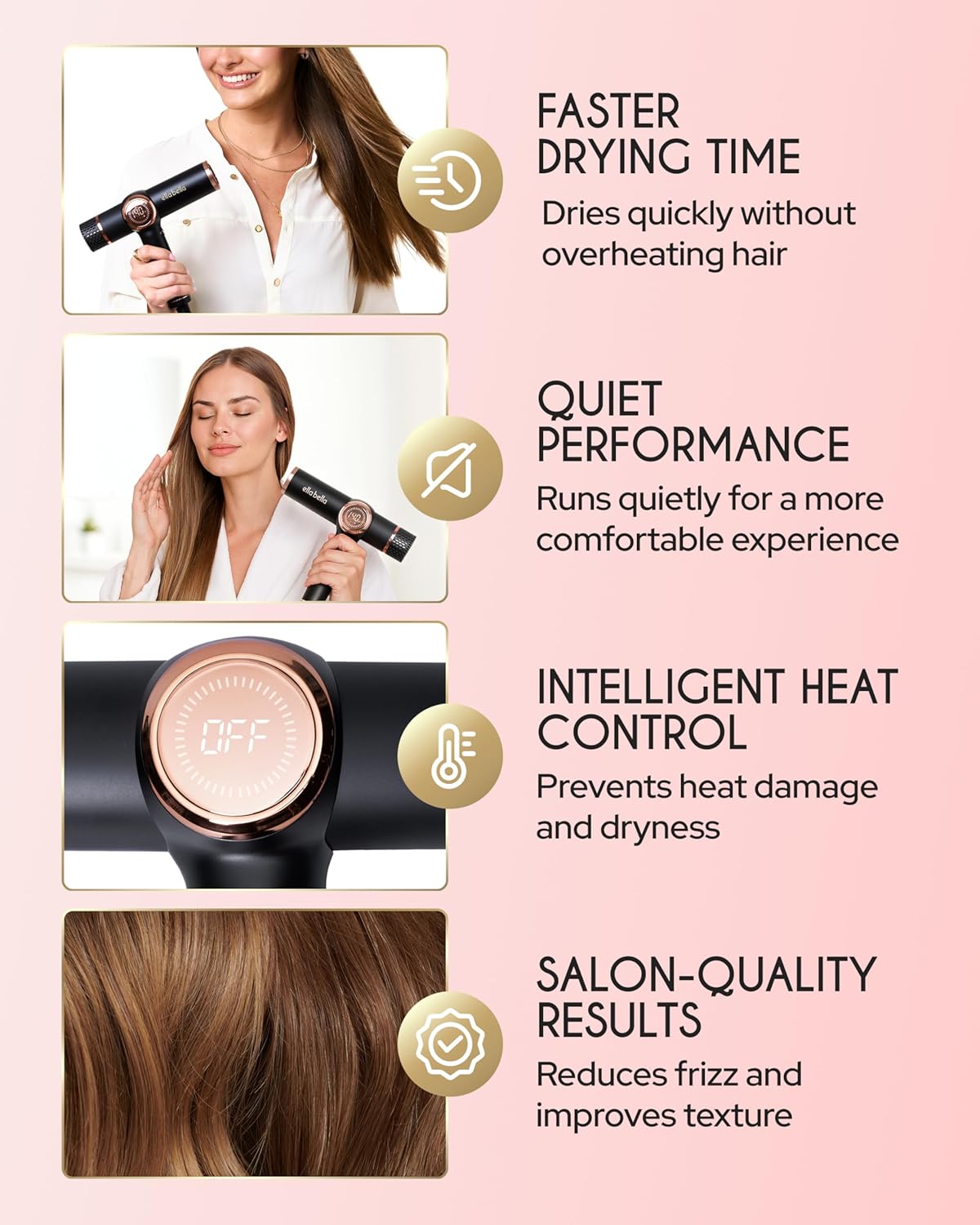 ELLA BELLA® Professional Ionic Hair Dryer with Diffuser • Negative Ion Blow Dryer • Suitable All Hair Types •