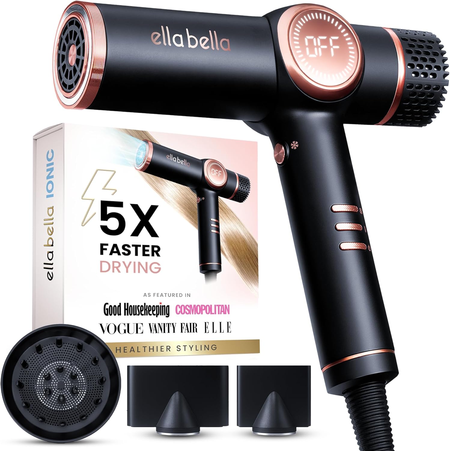 ELLA BELLA® Professional Ionic Hair Dryer with Diffuser • Negative Ion Blow Dryer • Suitable All Hair Types •