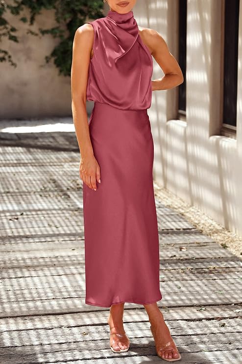 Sleeveless Cowl Neck Satin Dress
