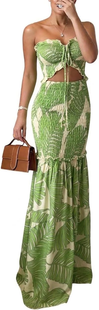 CHICME Floral Printed Vacation Dress Halter Tie Ruched Shirred Bandeau Party Dress