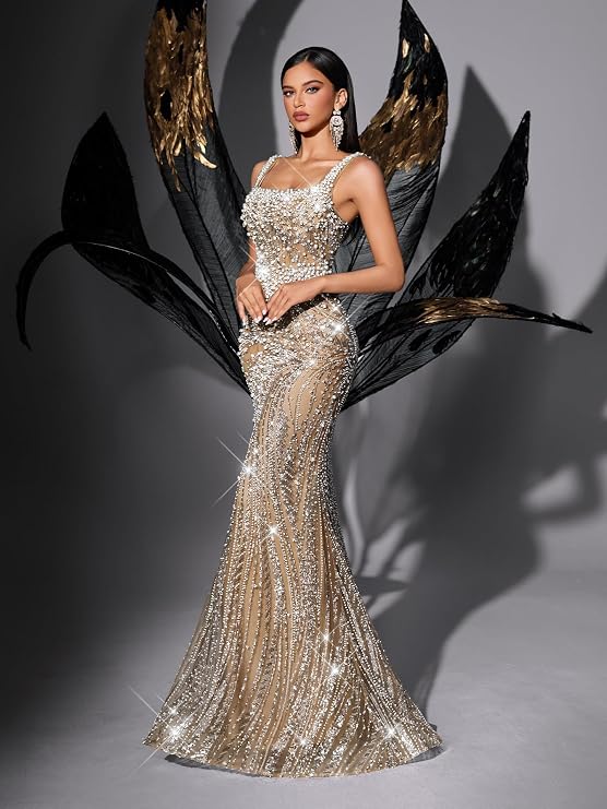Women's Square Neck Sequin Beaded Mermaid Formal Evening Dress