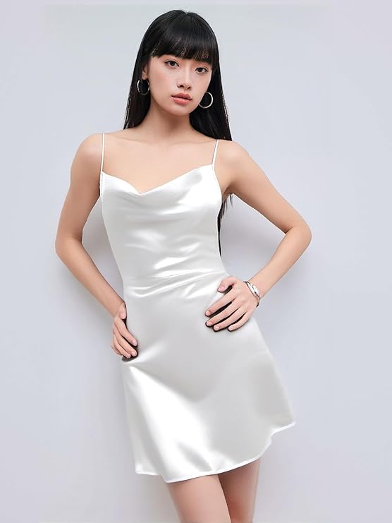 CIDER Satin Slip Dress - Women Cocktail Party Ruched Cowl Neck Midi Bodycon