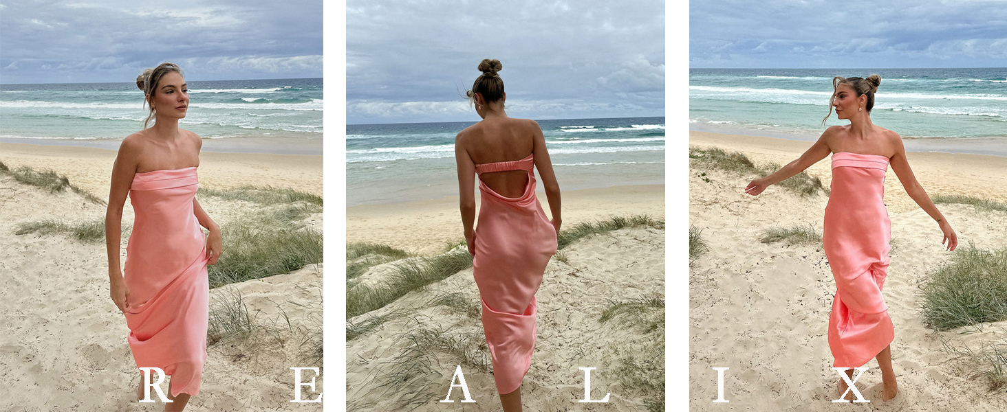 Satin Silk Backless Tube Tops Maxi Dress for Women Low Back Hollow Out Elegant Strapless Long Dresses Wedding Guest
