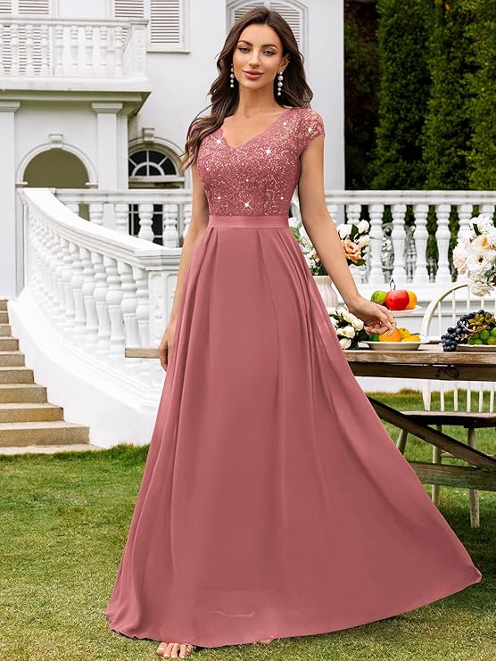 Miusol Women's Elegant V-Neck Cap Sleeve Sequined Floral Lace Formal Party Maxi Dress