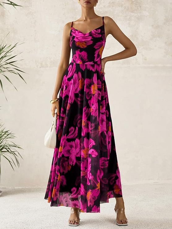 BTFBM Women Summer Floral Maxi Dresses Elegant Spaghetti Strap Dress