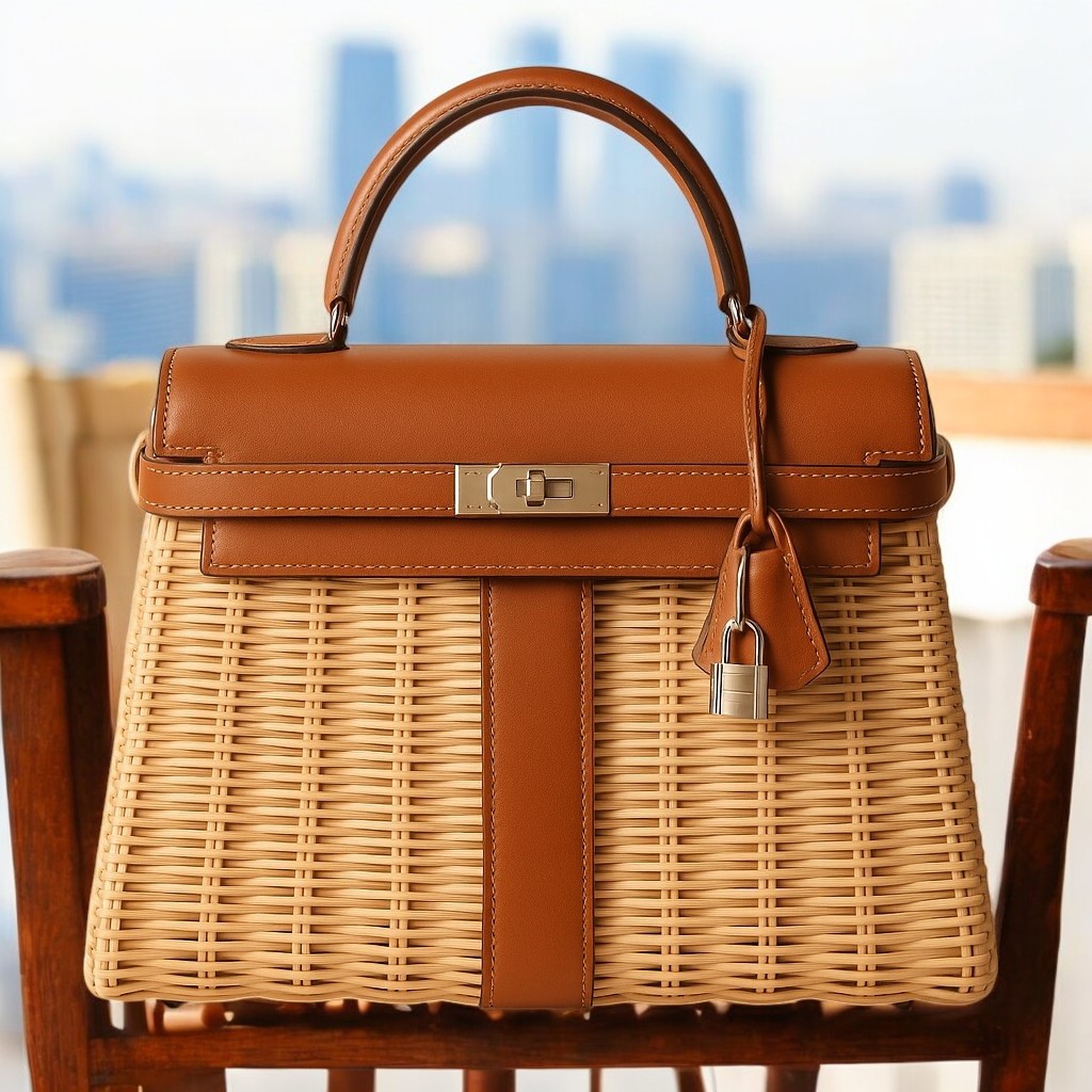 Bolsa Artesanal Hermes de Palha e Couro