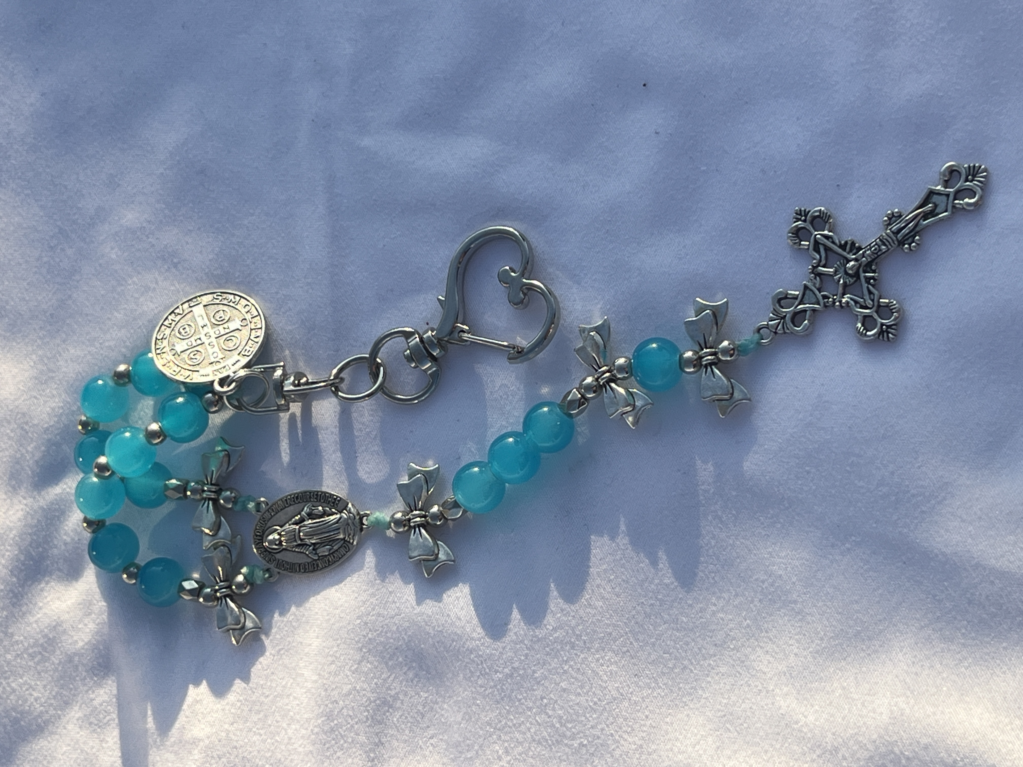 Aqua Beaded Rosary Keychain
