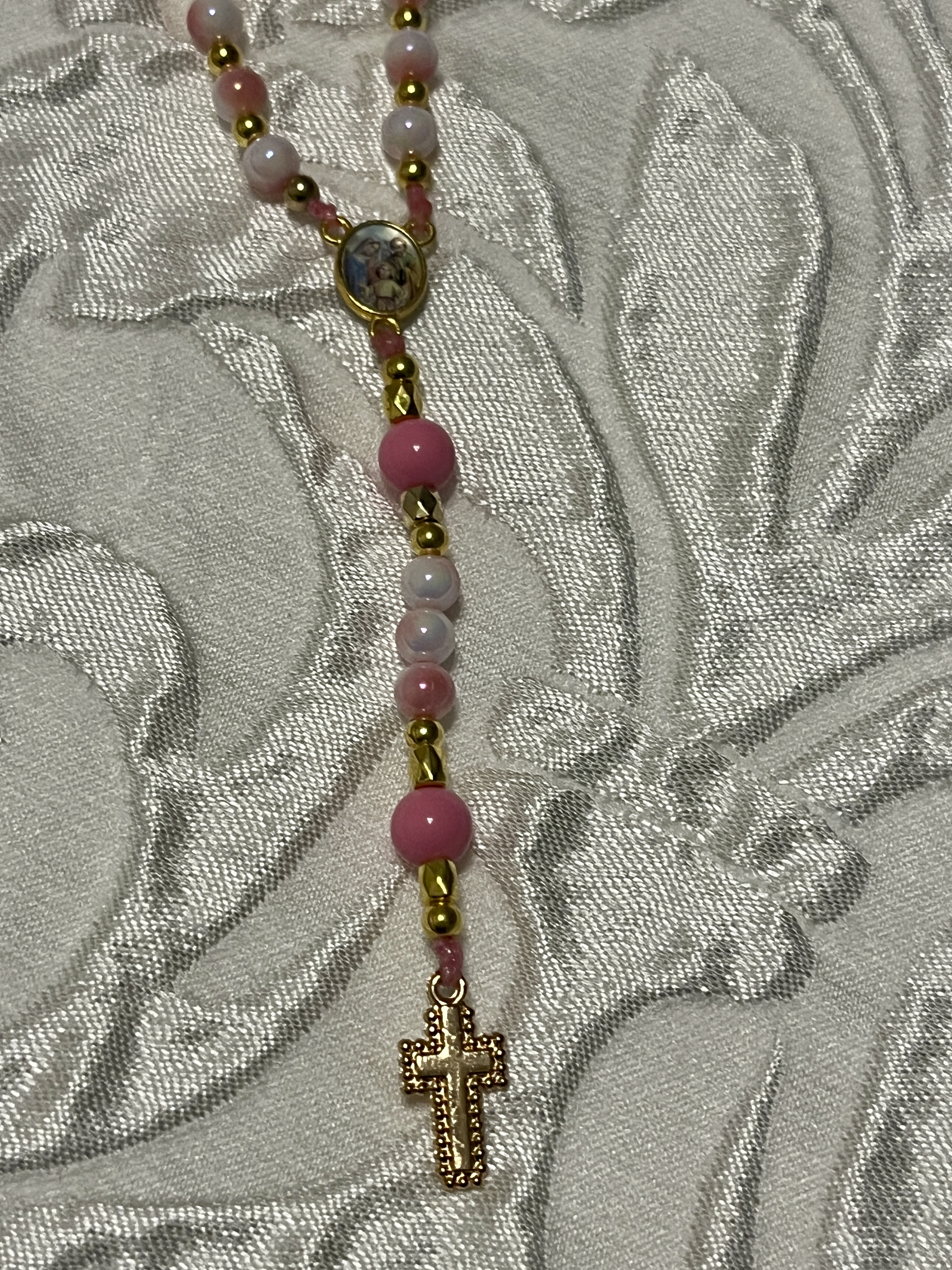 Pink Beaded Rosary Necklace
