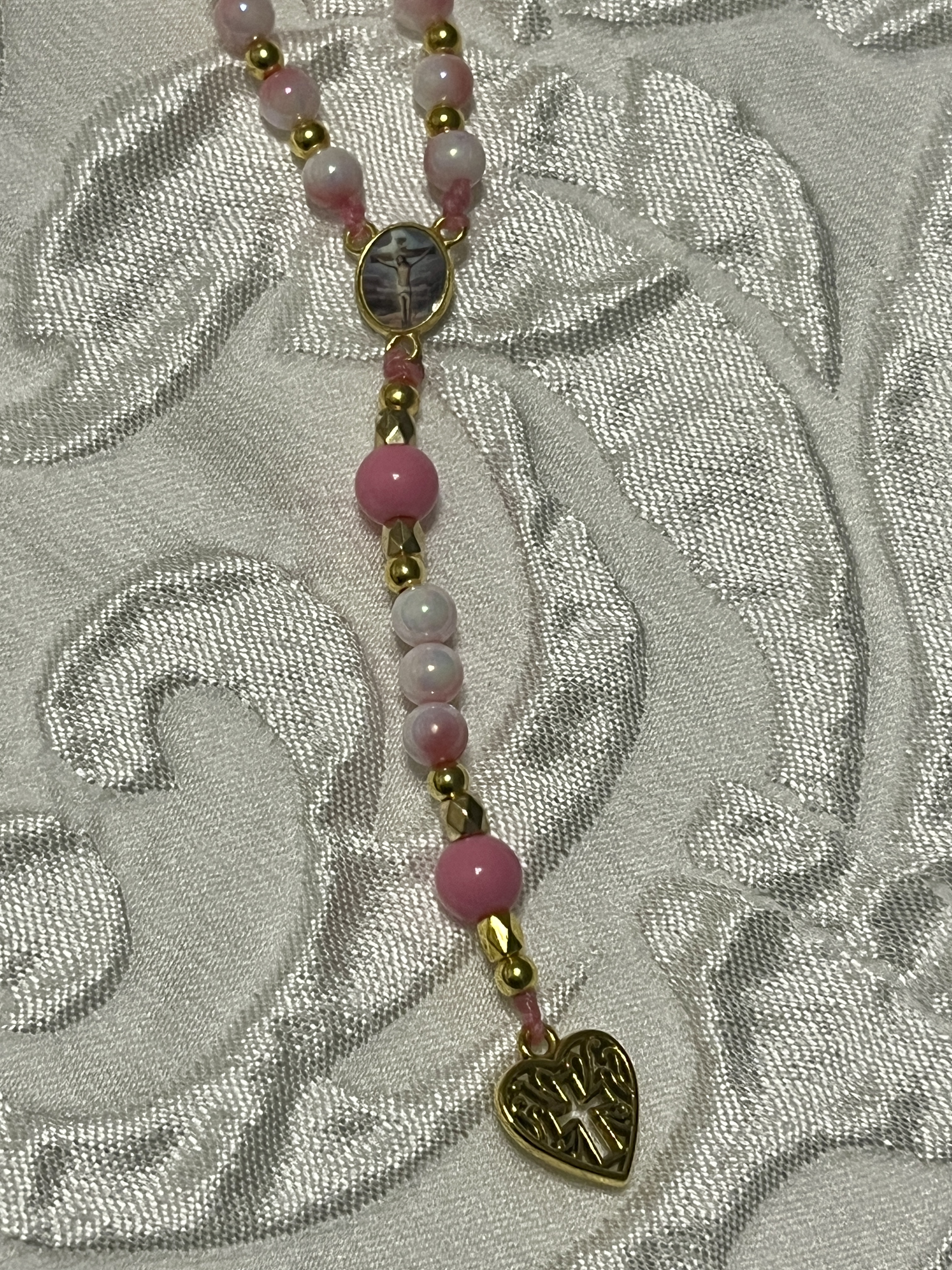 Pink Beaded Heart Pendant Rosario Necklace