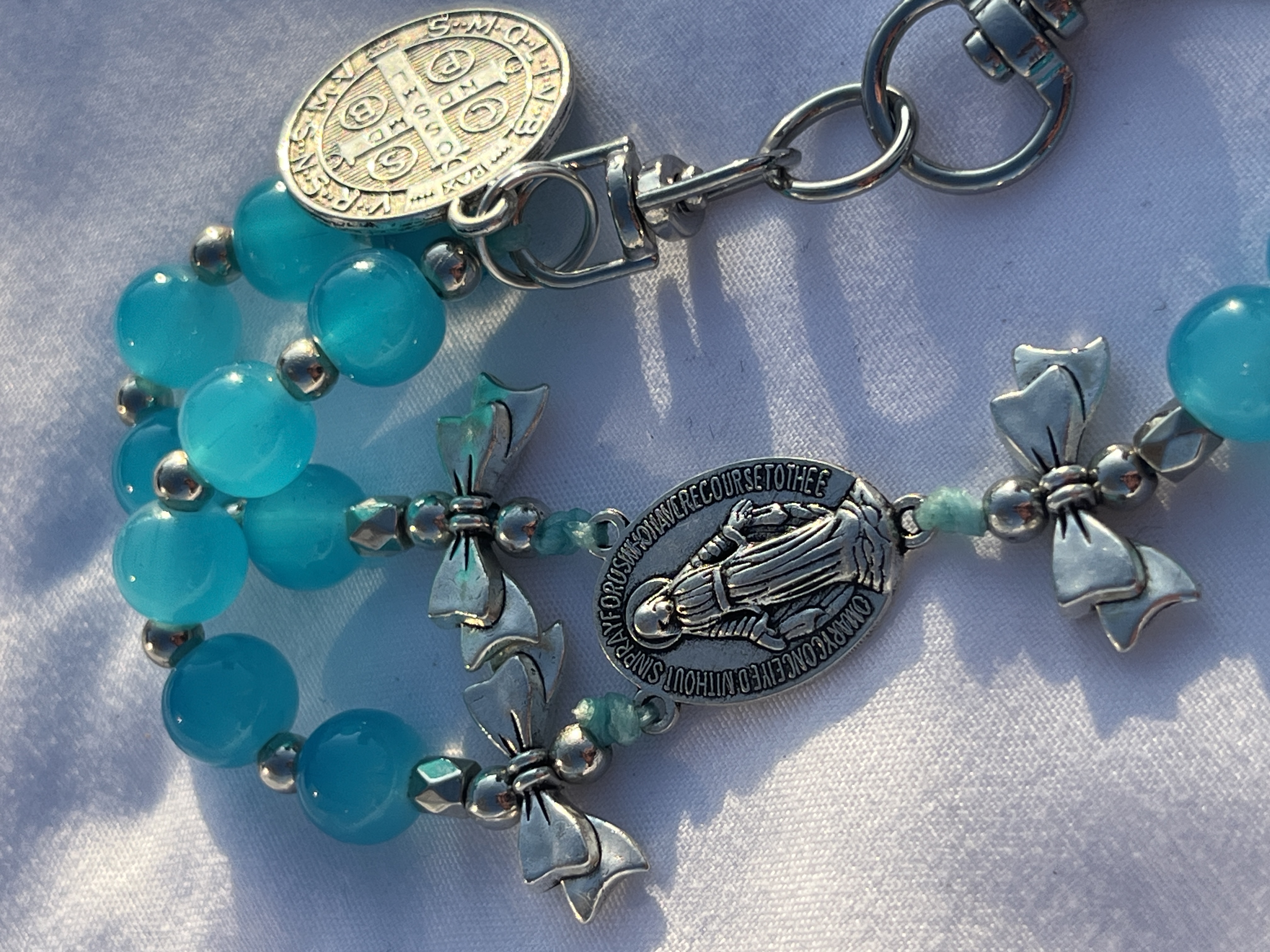Aqua Beaded Rosary Keychain